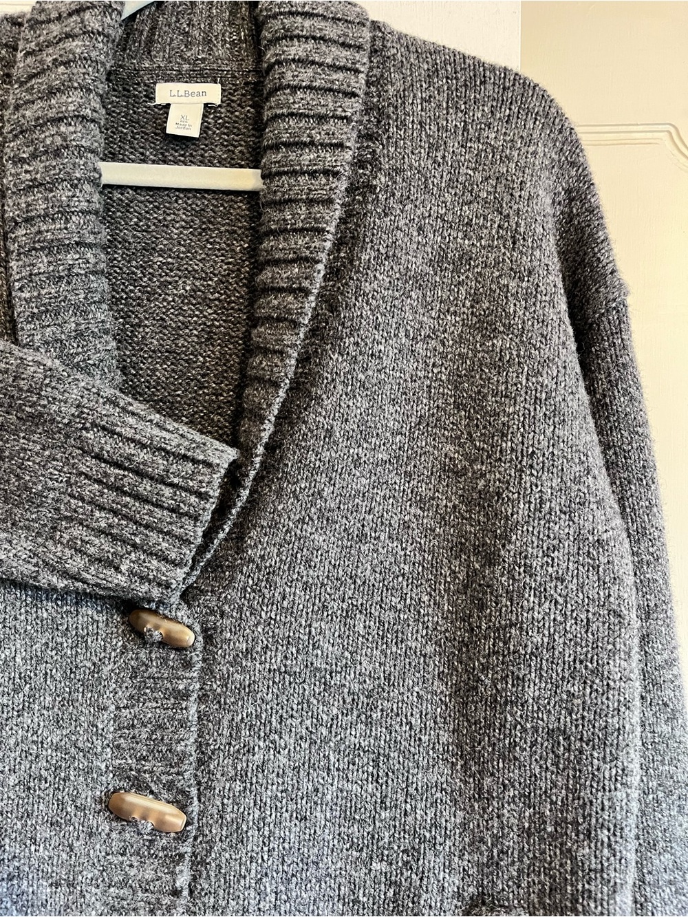 LL Bean Women’s XL Heavy Gray 100% Wool Cardigan Pockets Toggle Buttons EUC